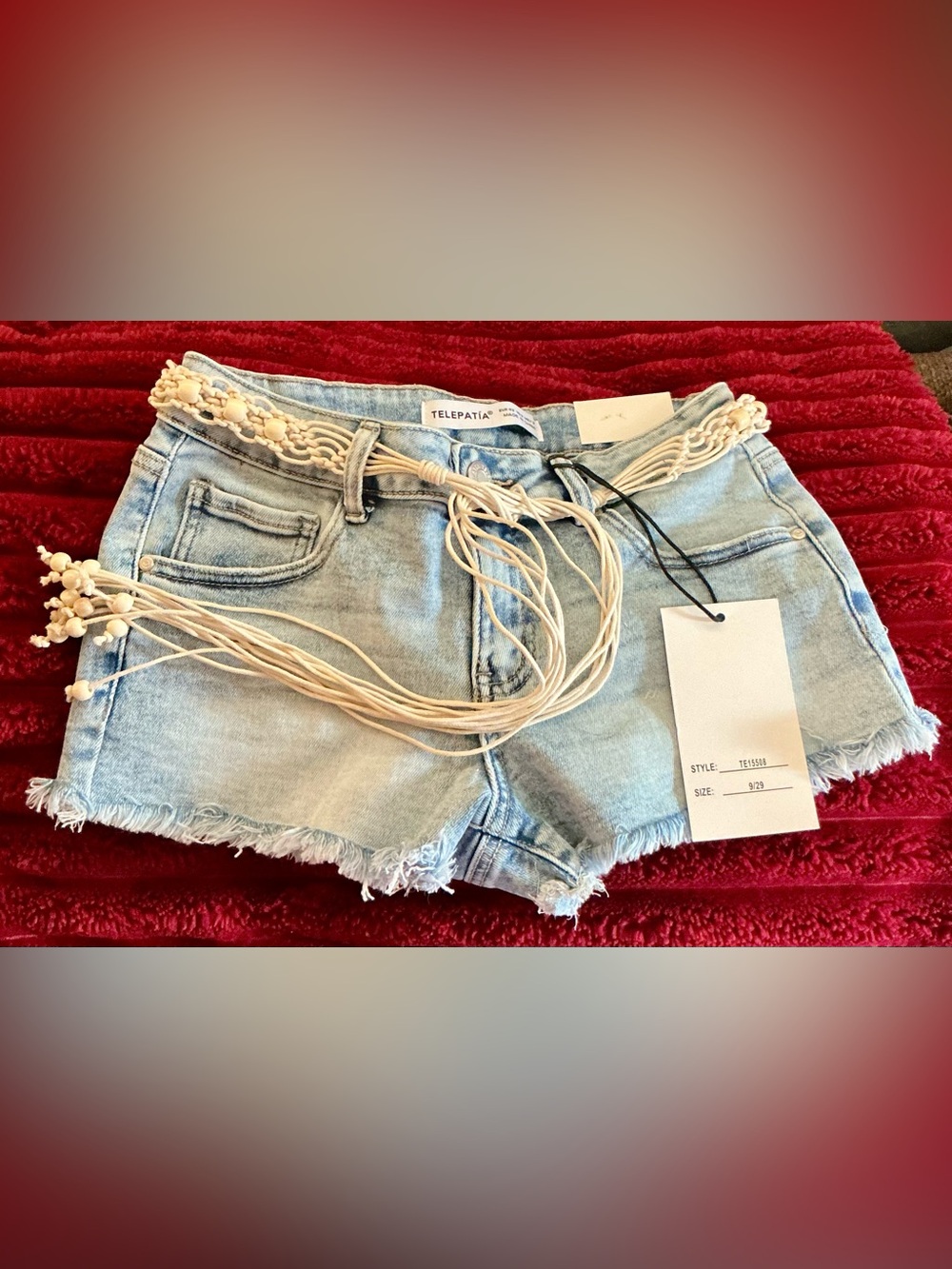 Telepatia Light Blue Frayed Hem Denim Shorts with Macramé Belt